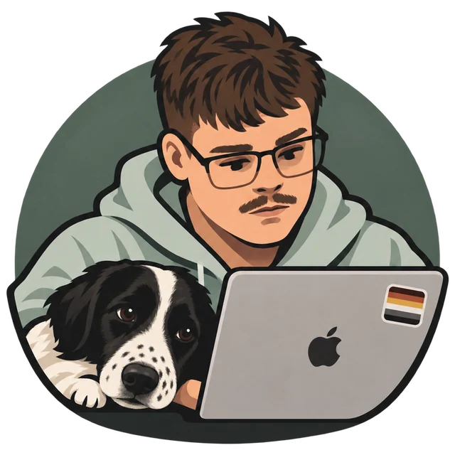 Illustration of Luka working on a laptop, with his black and white dog resting beside him