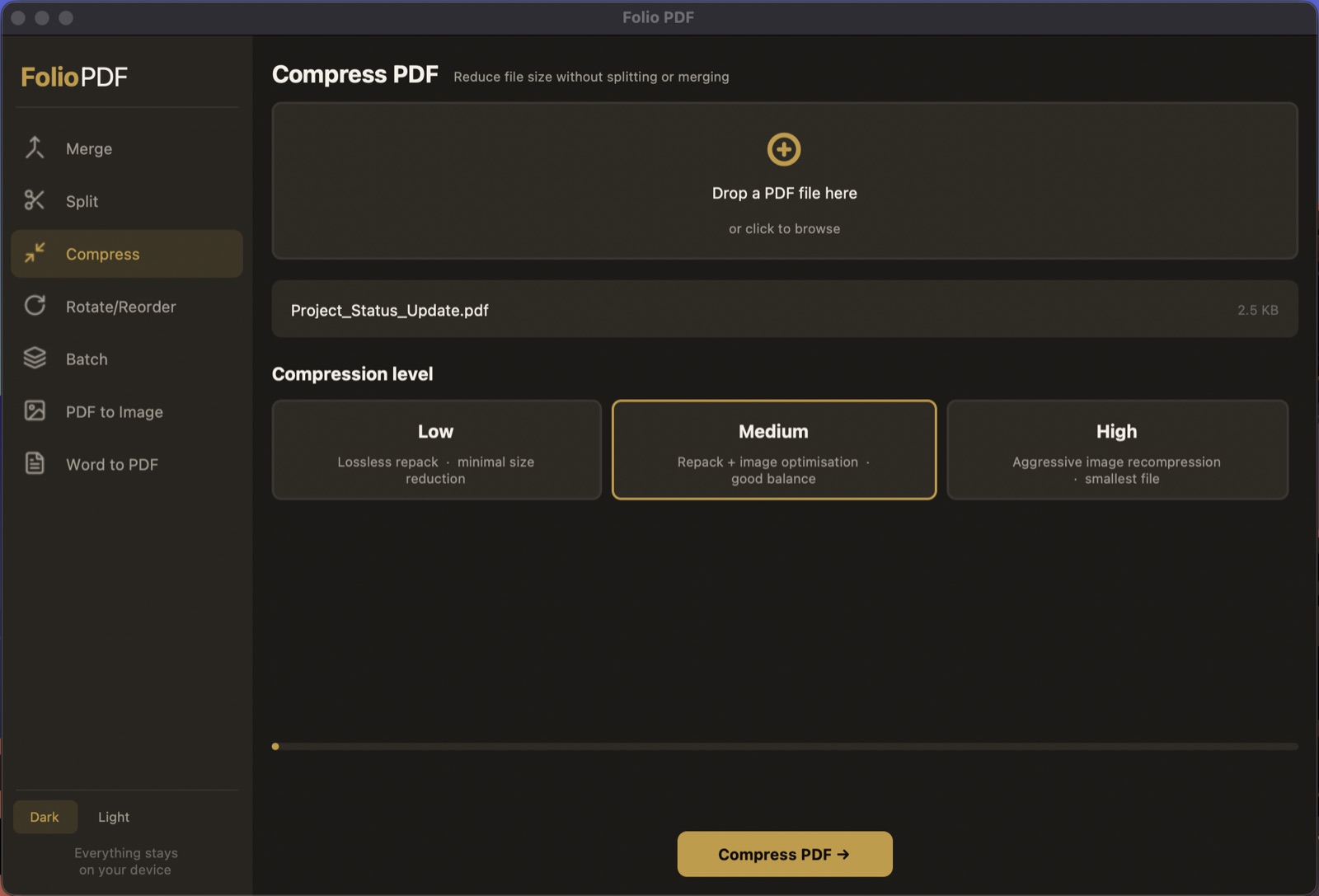 Folio PDF compress screen with three compression levels