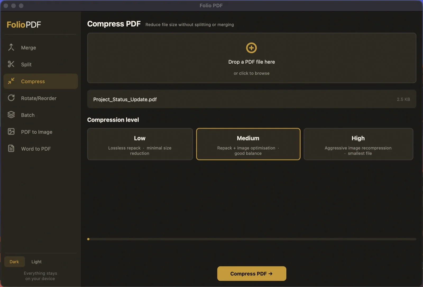 Folio PDF compress screen with three compression levels
