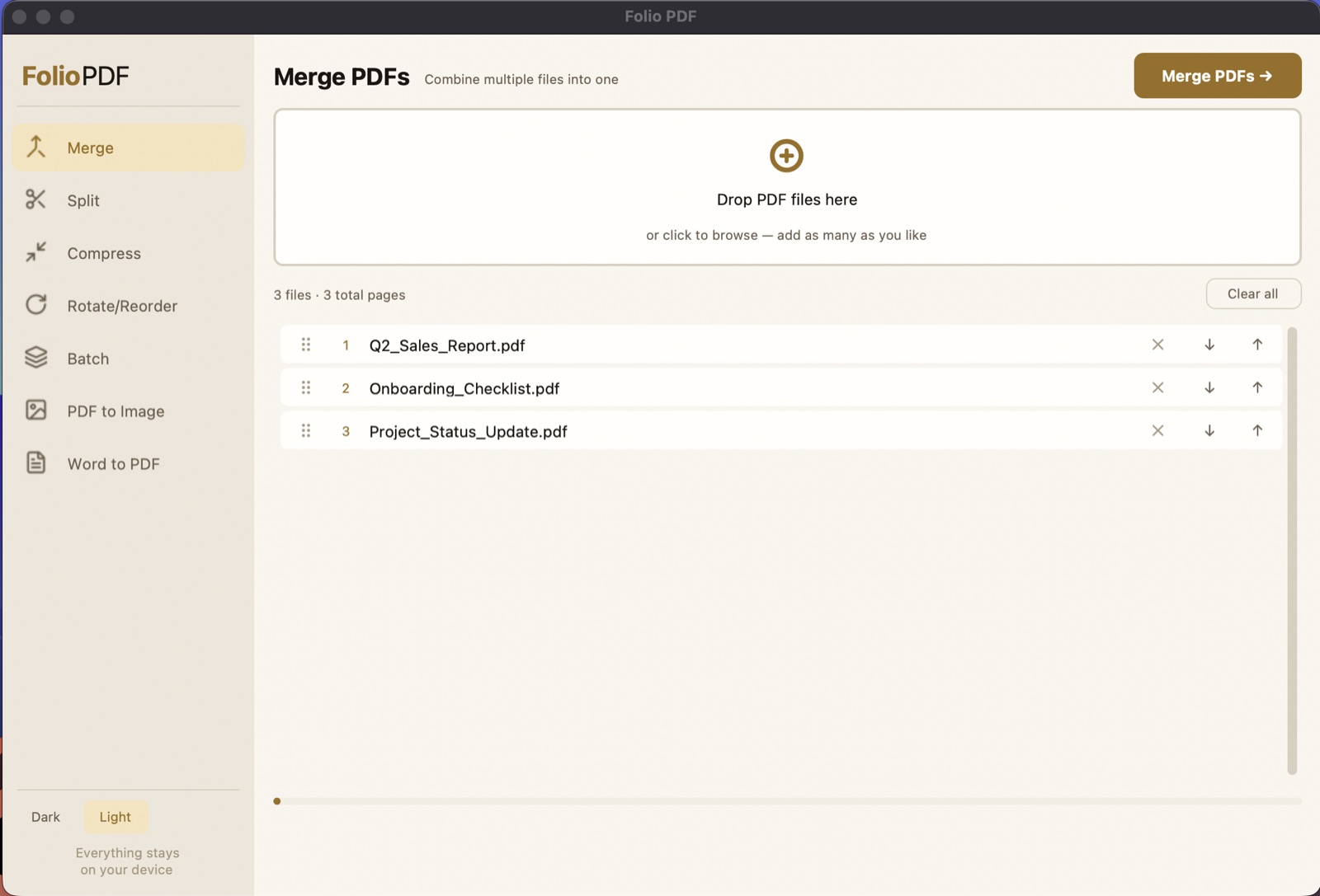 Folio PDF merge screen with a list of files ready to combine
