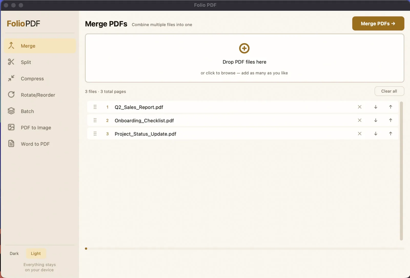 Folio PDF merge screen with a list of files ready to combine