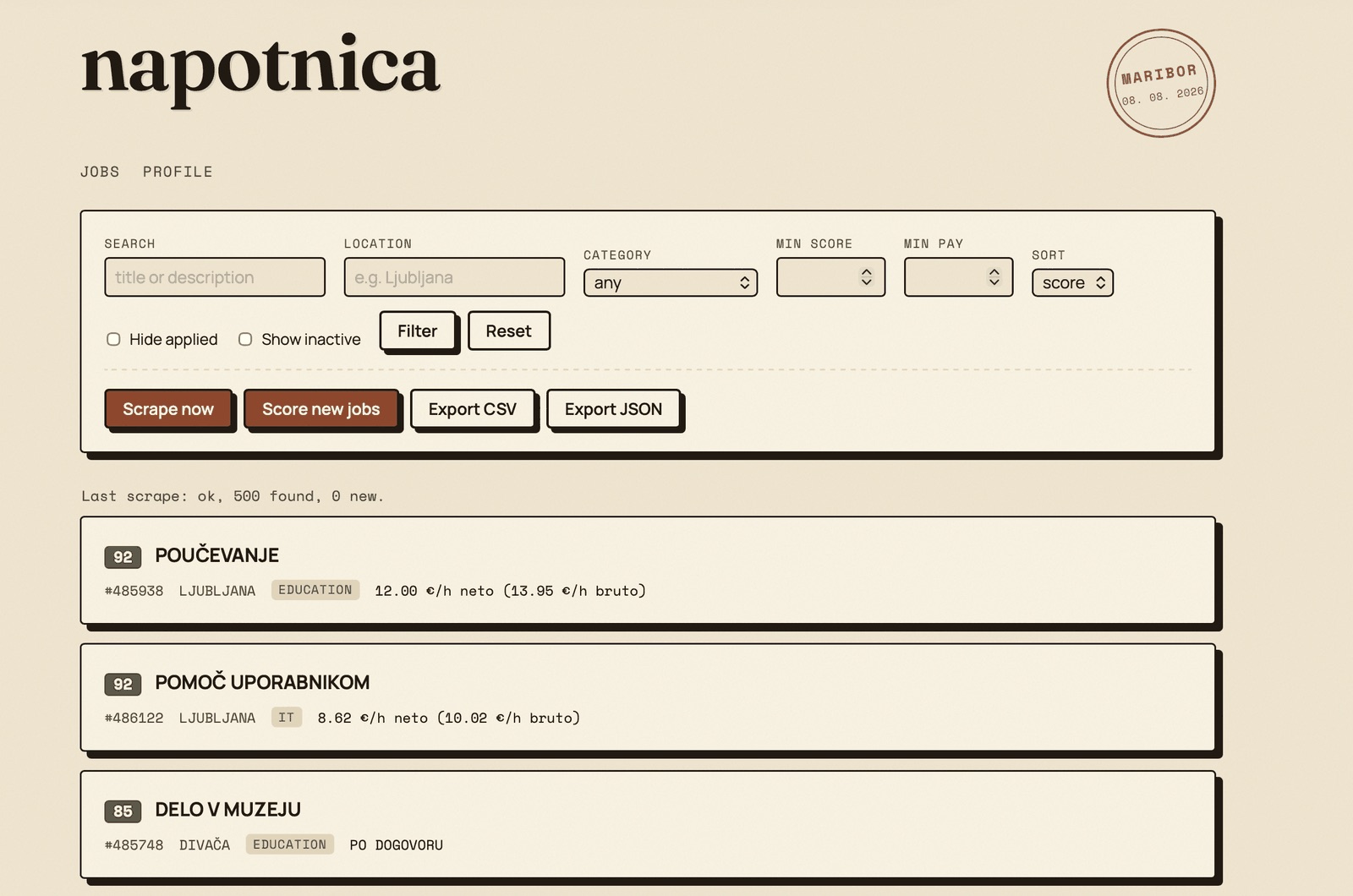 napotnica job list sorted by match score, styled as a printed document