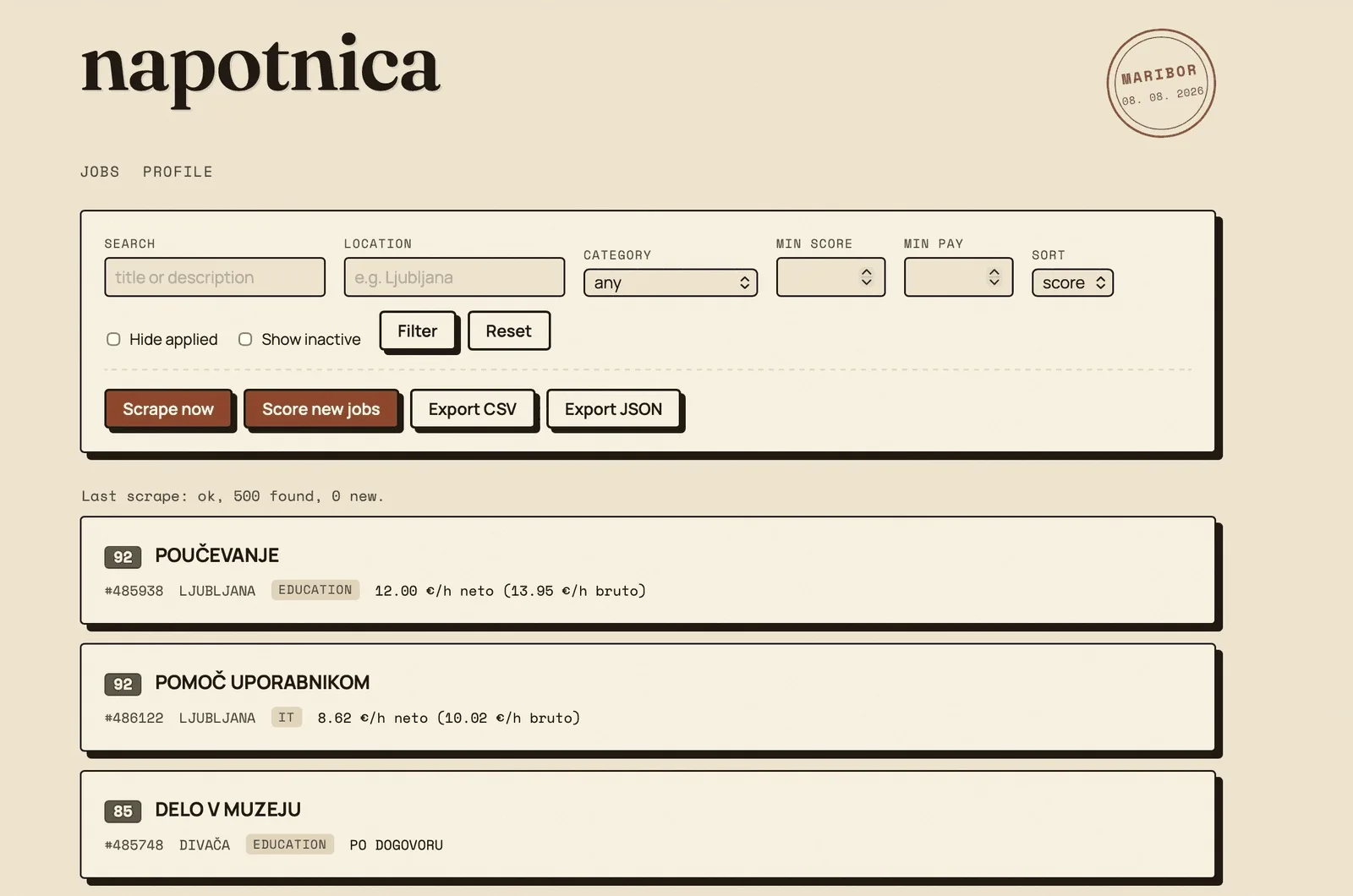 napotnica job list sorted by match score, styled as a printed document